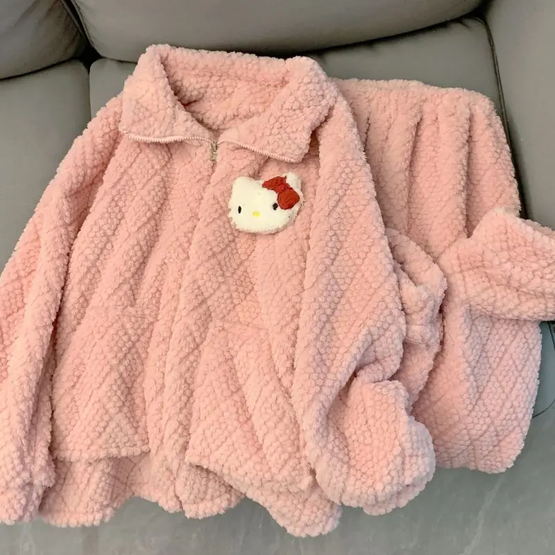 

Sanrio Thickened Pajamas 2Pcs Hello Kitty Plush Home Clothes Coral Velvet Autumn and Winter New Style Cute Fashion Flannel Suit