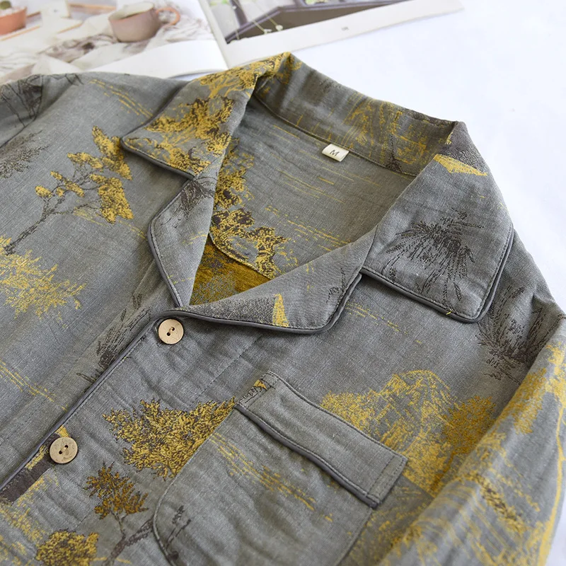 بيجامات رجالية يمكن ارتداؤها خارج ربيع الخريف رقيقة قميص قطني بكم طويل بنطلون ملابس منزلية طقم بيجامة رجالي