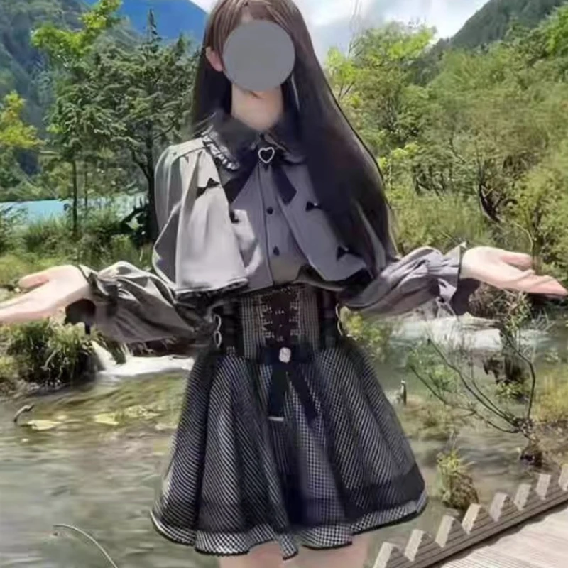 Japanese Gothic Lolita Style Skirt Set Women Sweet Bow Long Sleeves Cloak Shirts Plaid Mini Cake Skirts Korean Harajuku Y2k Suit view 2