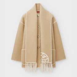 CHCH Women's Coat With Scarf Fashion Long Sleeve Pocket Single Breasted Loose Female Coats 2023 Autumn Winter Warm Jacket