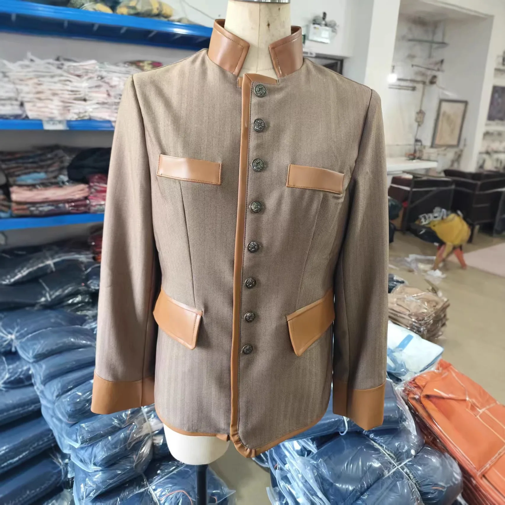 Women's Fitted Brown Herringbone Blazer, Faux Leather Trim Tailored Jacket, Equestrian Inspired Outerwear for Casual Wear
