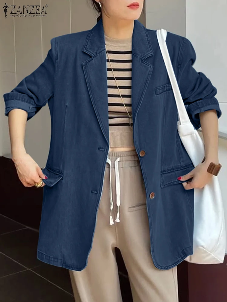

ZANZEA модный джинсовый пиджак женский элегантный офисный пальто с коротким рукавом 2025 осенняя верхняя одежда винтажный однотонный кардиган с воротником с лацканами