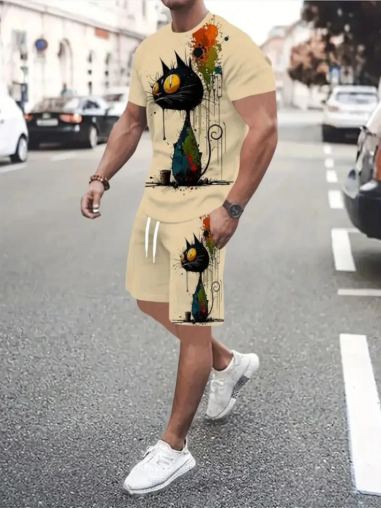 Summer Men Hip Hop Style Printed Men's Crew Neck T-shirt Shorts Set 2025 Fashionable Cartoon Print Street Casual Everything