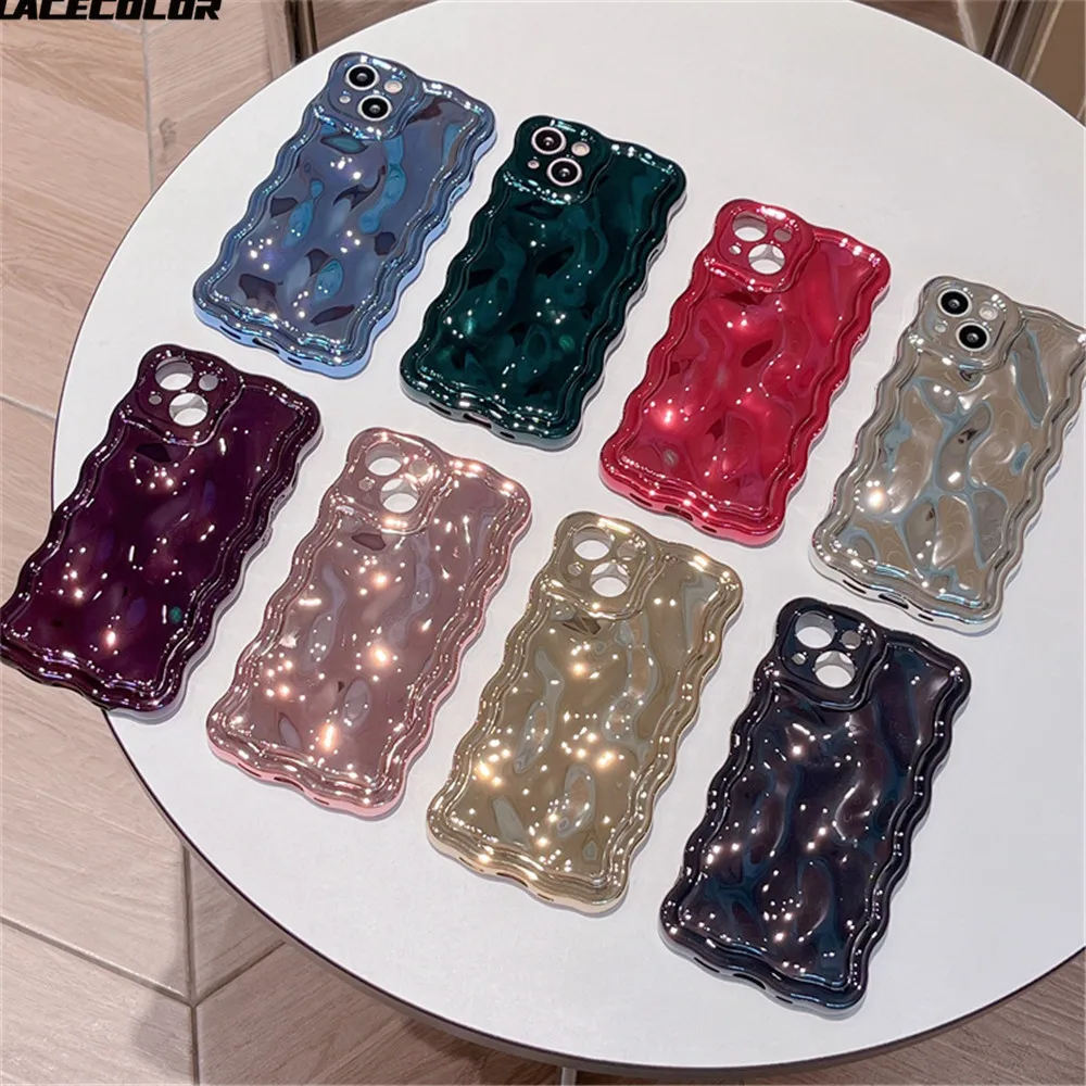 Plating 3D Wrinkle Wavy Curly Edge Case For iPhone 16 15 13 14 Pro Max Meteorite Texture Soft Lens Protection Bumper Armor Cover