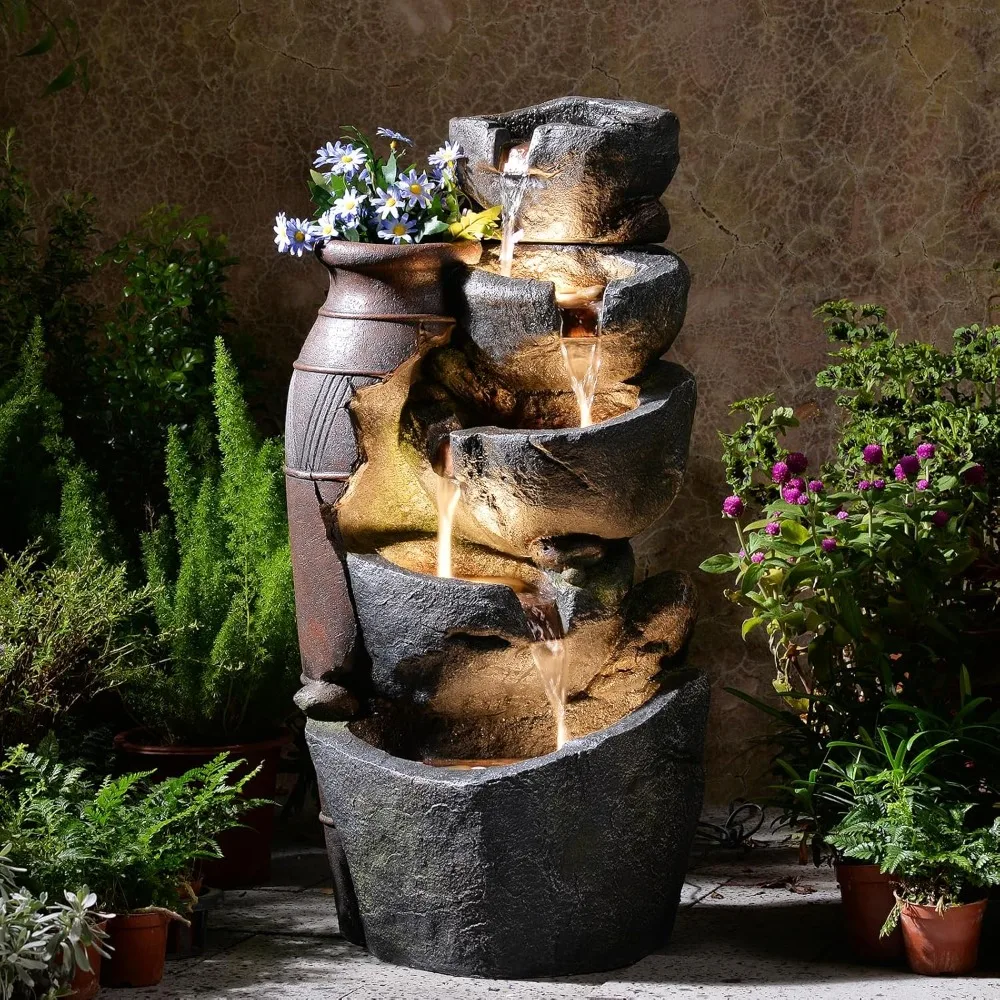 

5-Tiers Cascading Rock Jar Water Fountain Outdoor, 31.7 H Outside Fountains and Waterfalls with 4 LED Lights for Patio, Deck