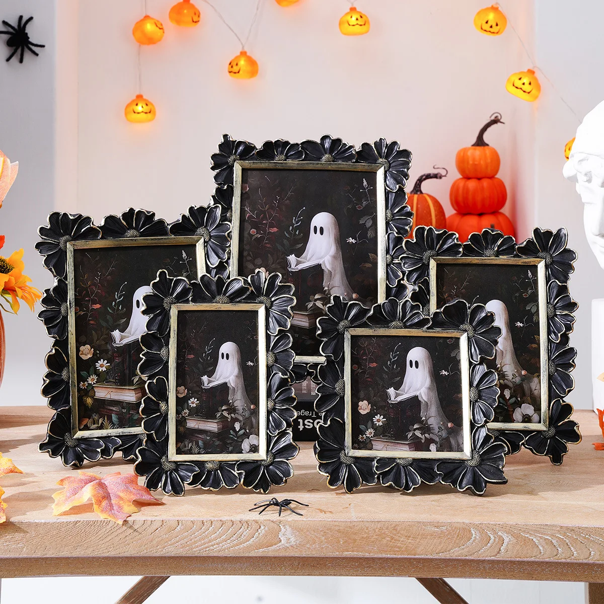 Halloween Decor Photo Frame Retro Phnom Penh Resin Black&Gold 3D Daisy Flower-Shaped Decorative Holiday Arrangement Living Room