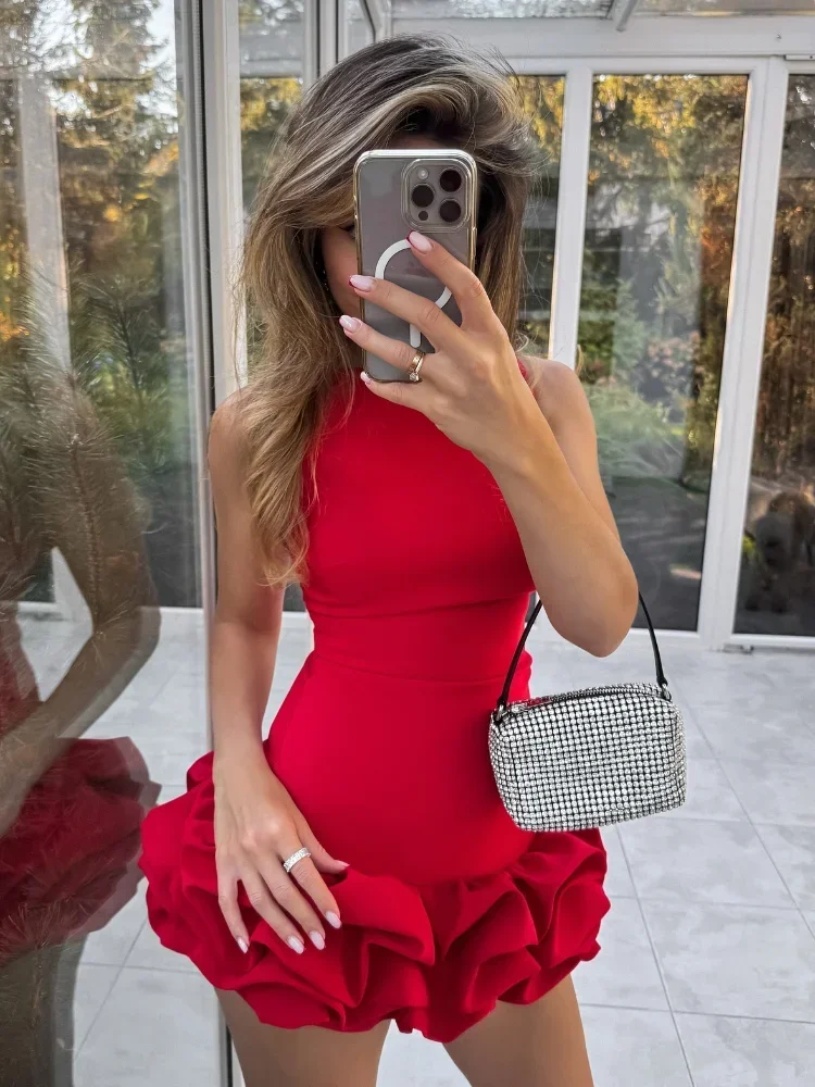 

Sexy Solid Backless Round Neck Mini Dress Elegant Off-the-shoulder Pleated Slim Fit Vestidos New Female Festivals Party Gown