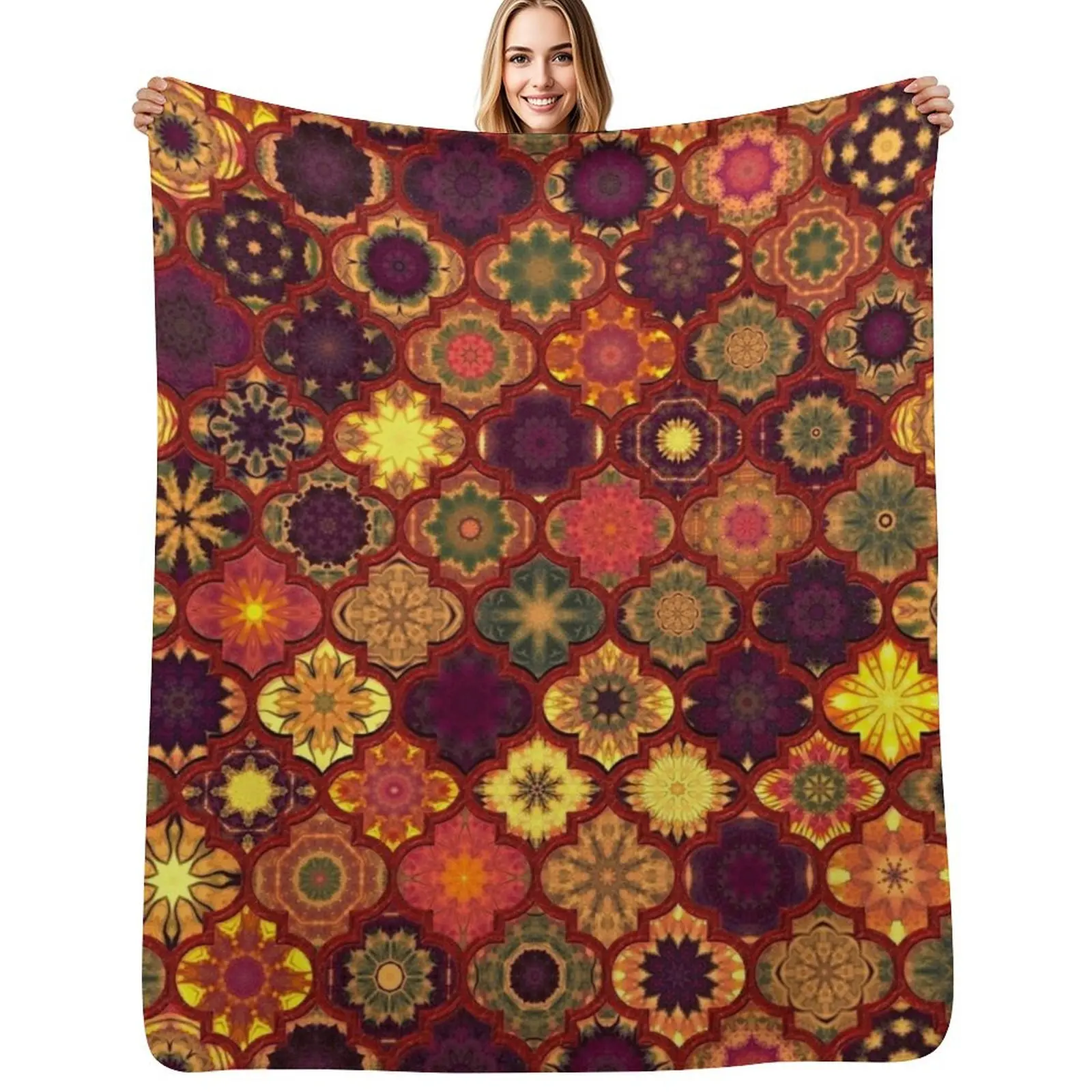 

Moroccan Tile Pattern, Golden red Throw Blanket Giant Sofa wednesday Polar christmas decoration Blankets