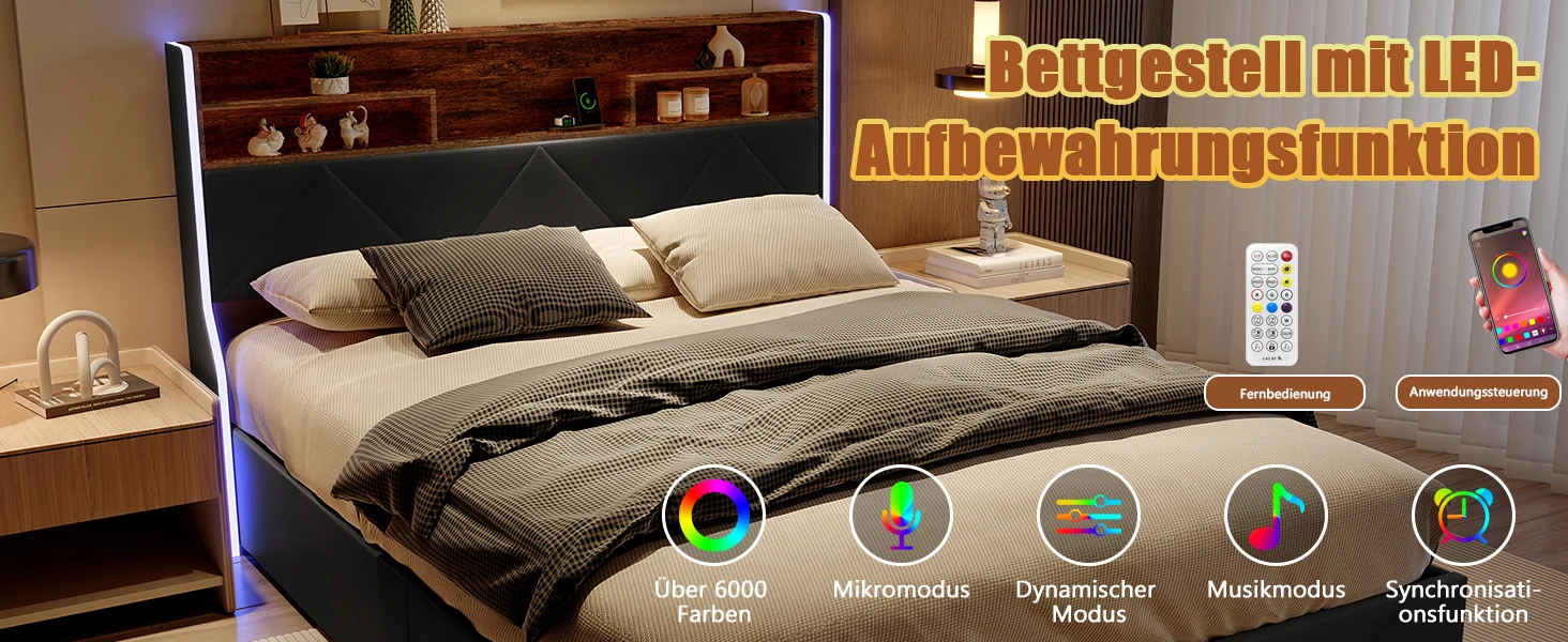 Comanlai Gepolstertes Doppelbett mit LED und USB, Jugendbett mit 4 Schubladen, Funktionaler Bettrahmen mit Stauraum im Kopfteil, Leinen – Detail 4