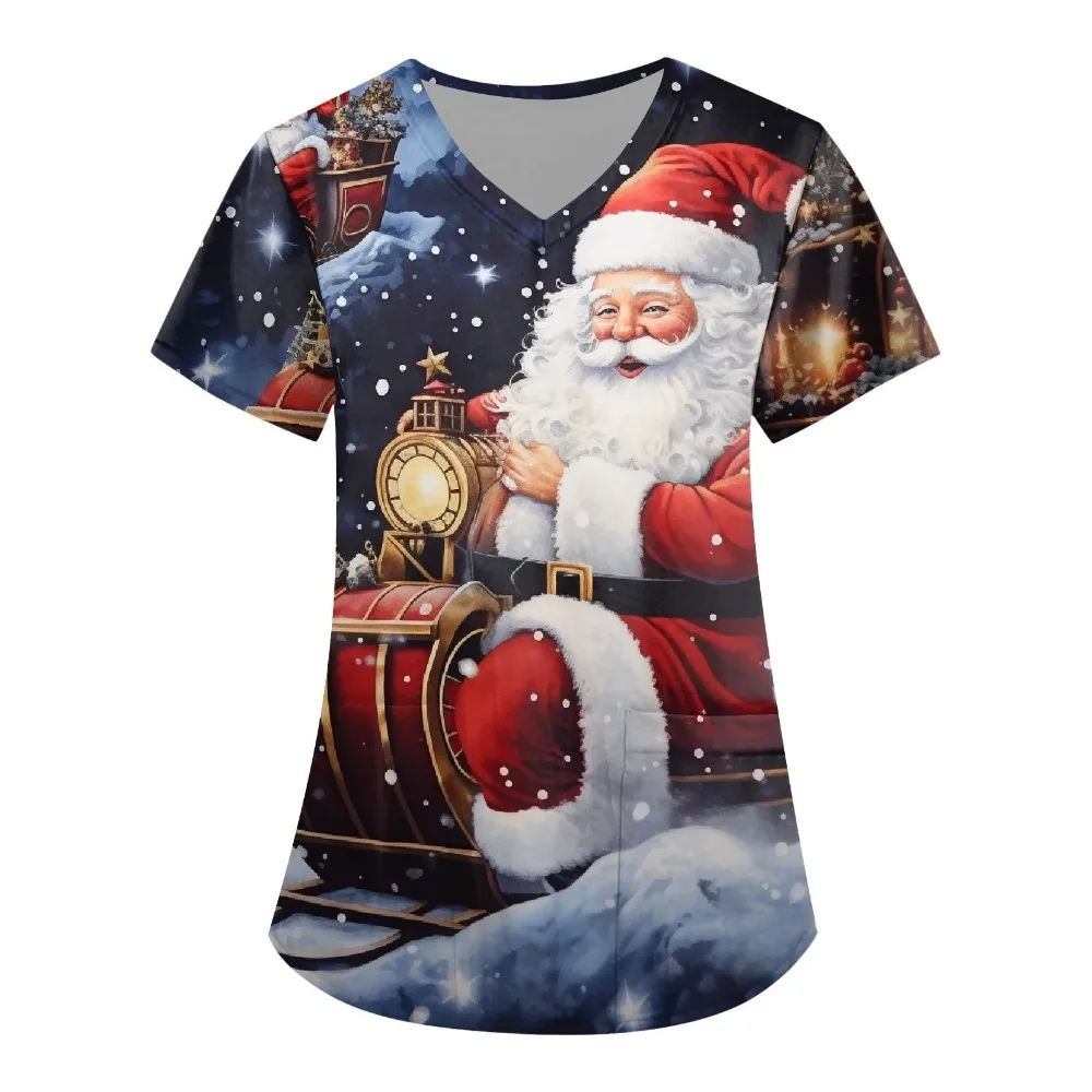 Christmas Nurse Uniform Scrubs Womens Cartoon snowman Elk Print Short Sleeve Pocket Overalls Uniforms Medical Nursing Clothes