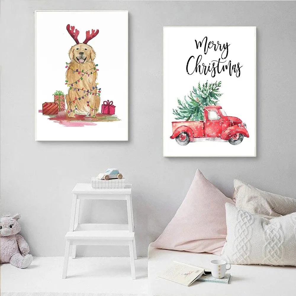 Cartoon Christmas Holiday Tree Sock Snowman Car Dog Wall Art Canvas Painting Posters And Prints Wall Pictures Kids Room Decor view 2