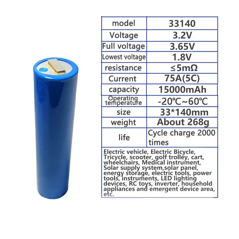 3.2V 15Ah 33140 Lifepo4 Battery 5C High Power Discharge Suitable for Diy 12v 24v 36v 48v Electric Motorcycle Tricycle Bicycle