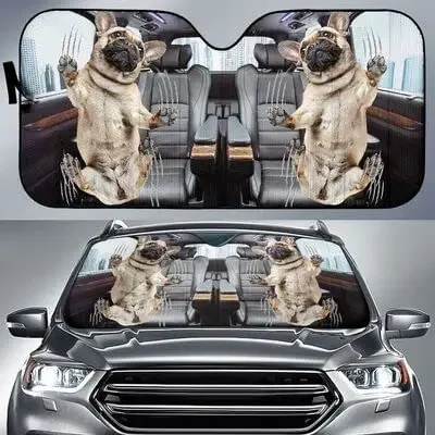 Funny Pugs Scratching Window Glass Car Sunshade, 3D Black and Tan Pugs Scratching The Window Auto Sun Shade, Pugs Scratching Win