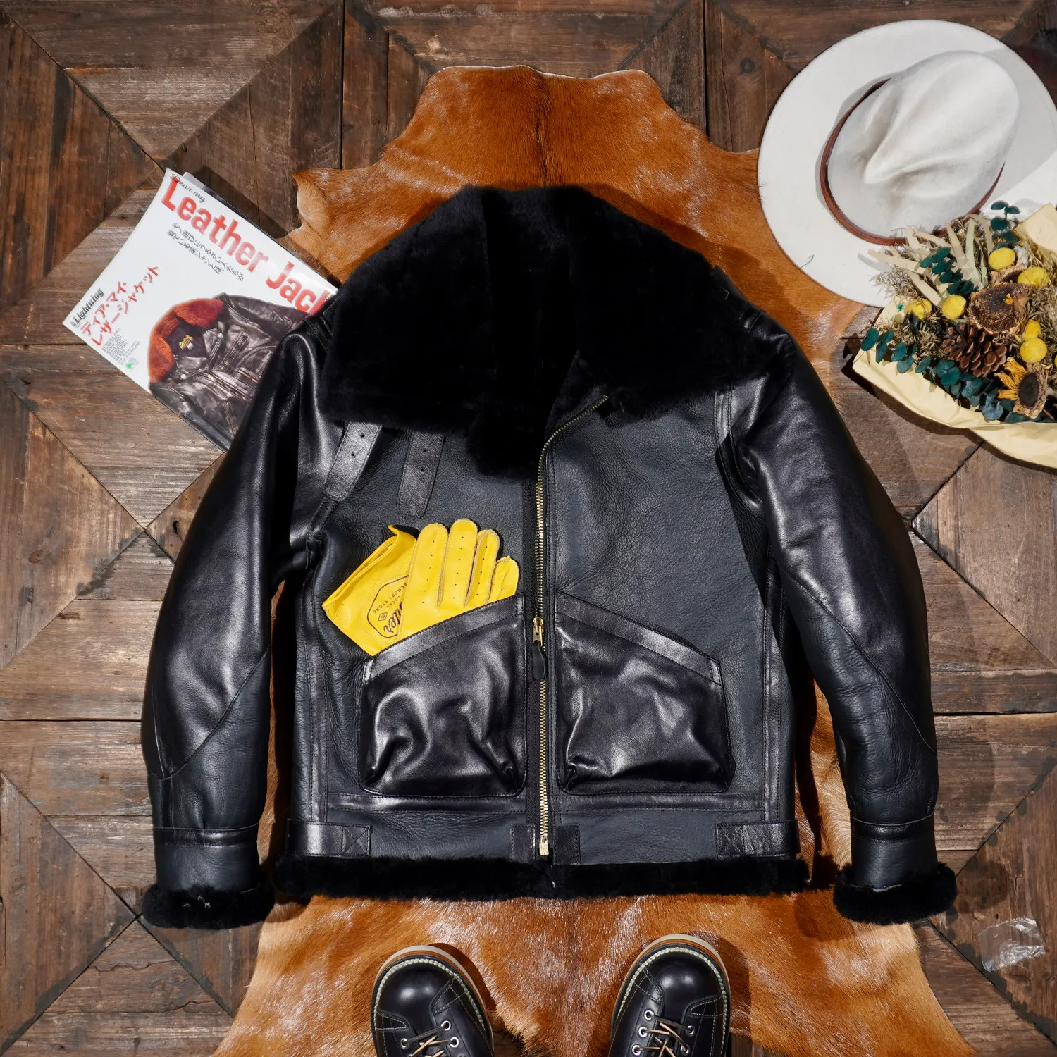 American retro sheepskin integrated B3 flight suit horse leather sleeve splicing jacket