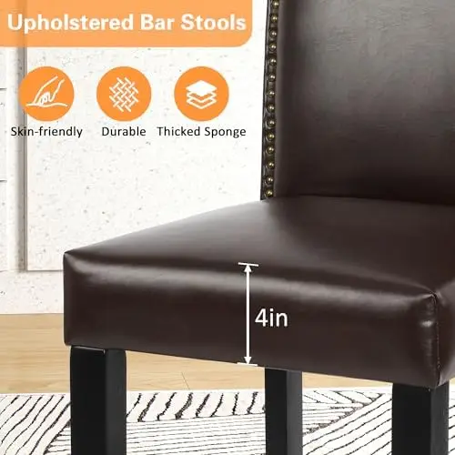Counter Height Bar Stools Set of 2, Brown PU Upholstered, Bronze Nail Backrest, Solid Wood Legs
