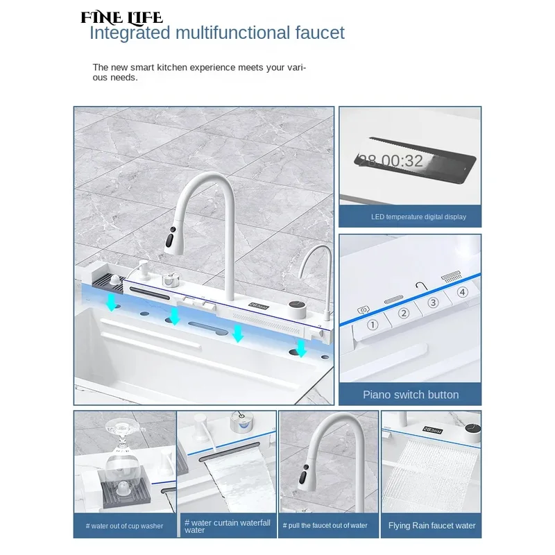 White Flying Rain Waterfall Sink Integrated Multi-functional Large Single Slot 304 Stainless Steel Vegetable Washing Sink