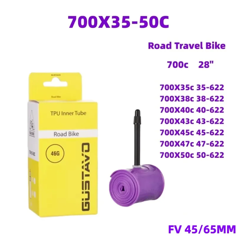Cámara de aire para bicicleta de carretera GUSTAVO TPU 700c x 35-50c, válvula francesa de 45/65 mm de longitud