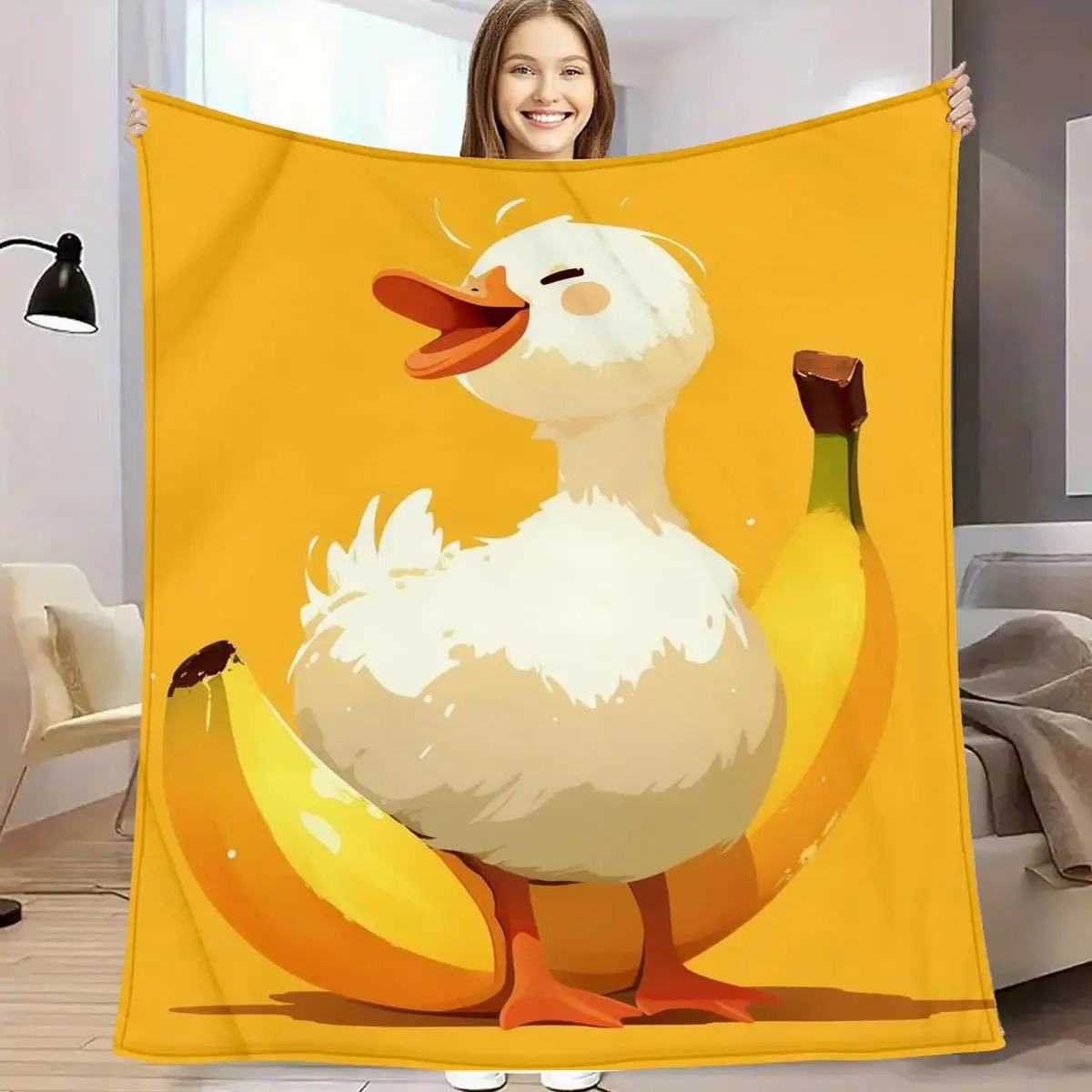 1 Stück schwere Flanelldecke – süße Ente mit Brille und Bananen-Design, weiche gelbe Cartoon-Ente, 2D-Muster, ganzjährig