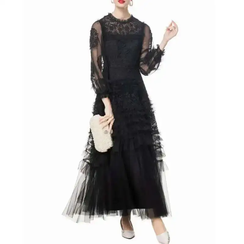 HKSH فستان نسائي أنيق برقبة دائرية وأكمام طويلة وكشكشة شبكية مطوي الخصر فساتين طويلة ربيع 2025 أنثى جديدة HK4081