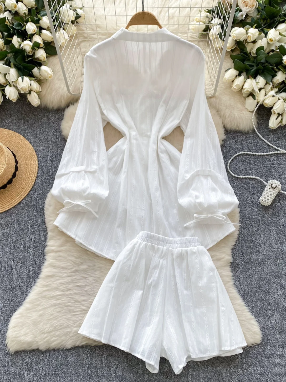 

Белый ирт Dr с плиссированной высокой талией, свободный комплект с широкими штанинами, легкий комплект Maturi Sle со сборками на талии и отложным воротником Lant...