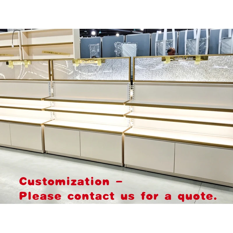 

custom.Custom Skin Care Retail Display Shelves with LED Light Gold TrimBeauty Cosmetic Retail Store Wall Cabinet