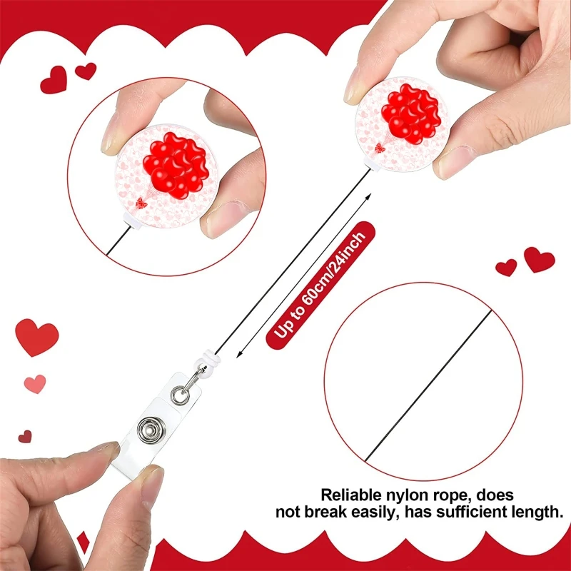 Kawaii วาเลนไทน์ Badge Reel พร้อมคลิปจระเข้ Retractable ID Card ผู้ถือป้าย