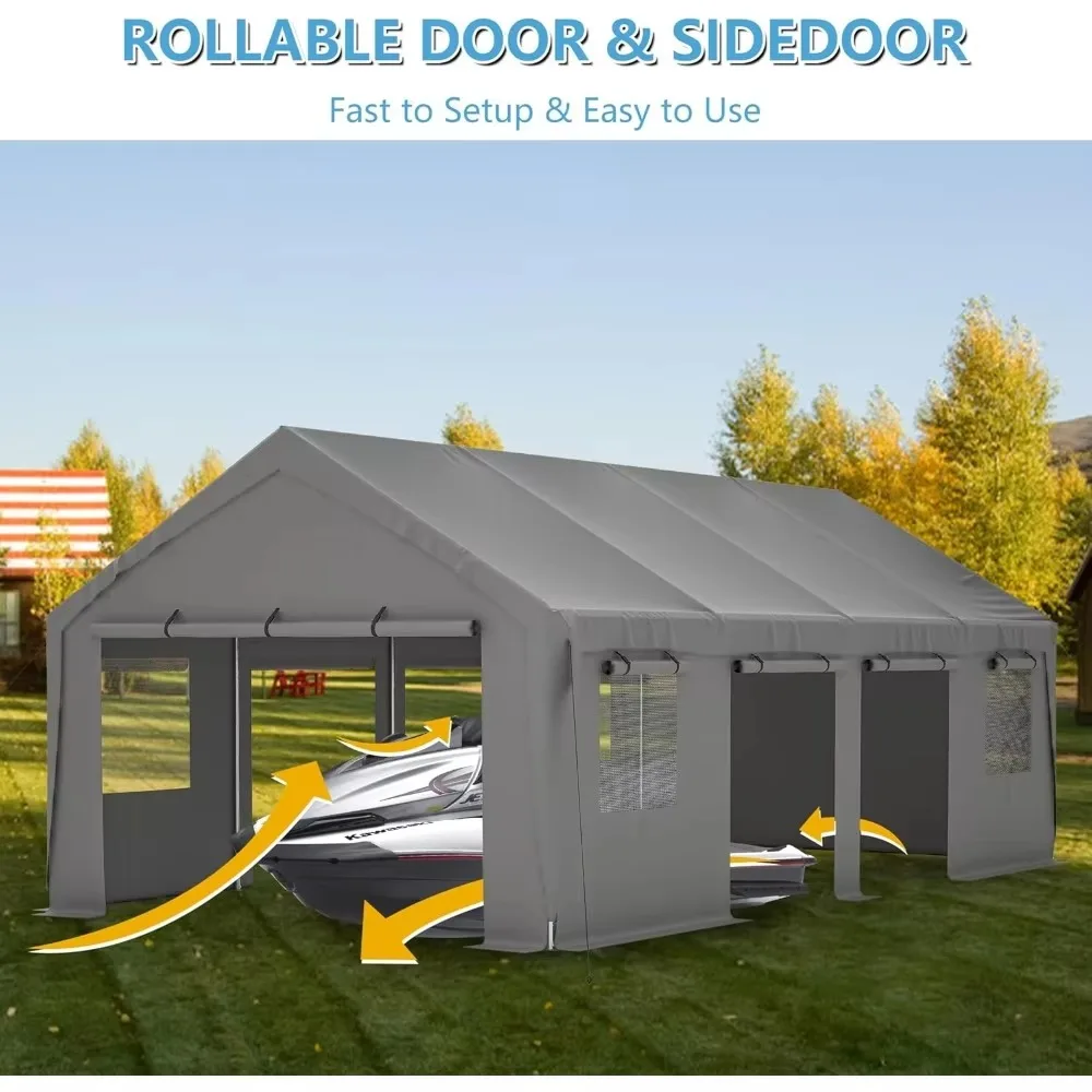 Heavy duty carport with roll-up sidewalls and ventilation windows, removable side walls, portable garage for cars, trucks