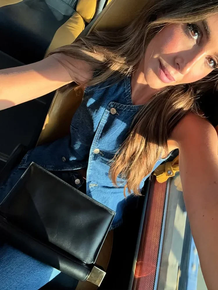 Cpsymym ternos femininos elegantes, jeans, sem mangas, irregular, colete curto, pernas largas, jeans longos, primavera verão, moda feminina, conjunto de calças