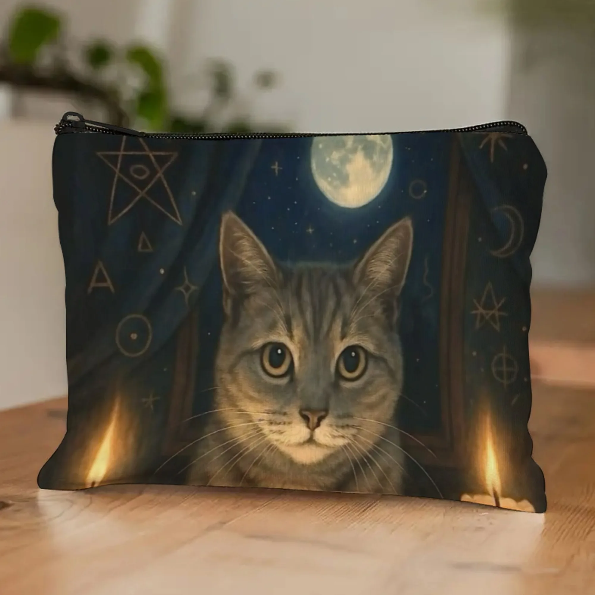Mystical Gray Cat Witchy Cosmetic Bag Occult Themed Design with Full Moon Candles & Magical Symbols Pouch for Daily Use & Gift