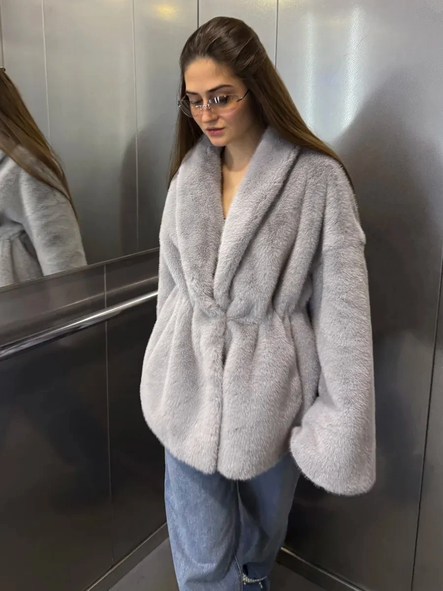 Women's Grey Faux Fur Coat 2026 Twist Front Fluffy Jacket Warm Winter Plush Overcoat Lapel Collar Elegant Streetwear
