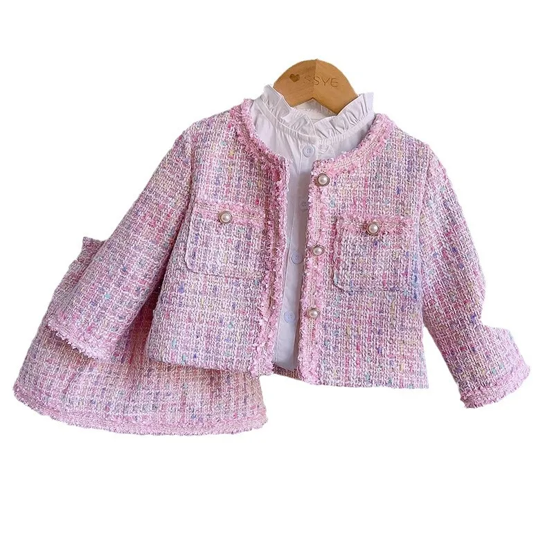 Girls Clothing Fashion Set 2024 New Childrens Coat Plaid Short Skirt Two-piece Set for Spring and Autumn