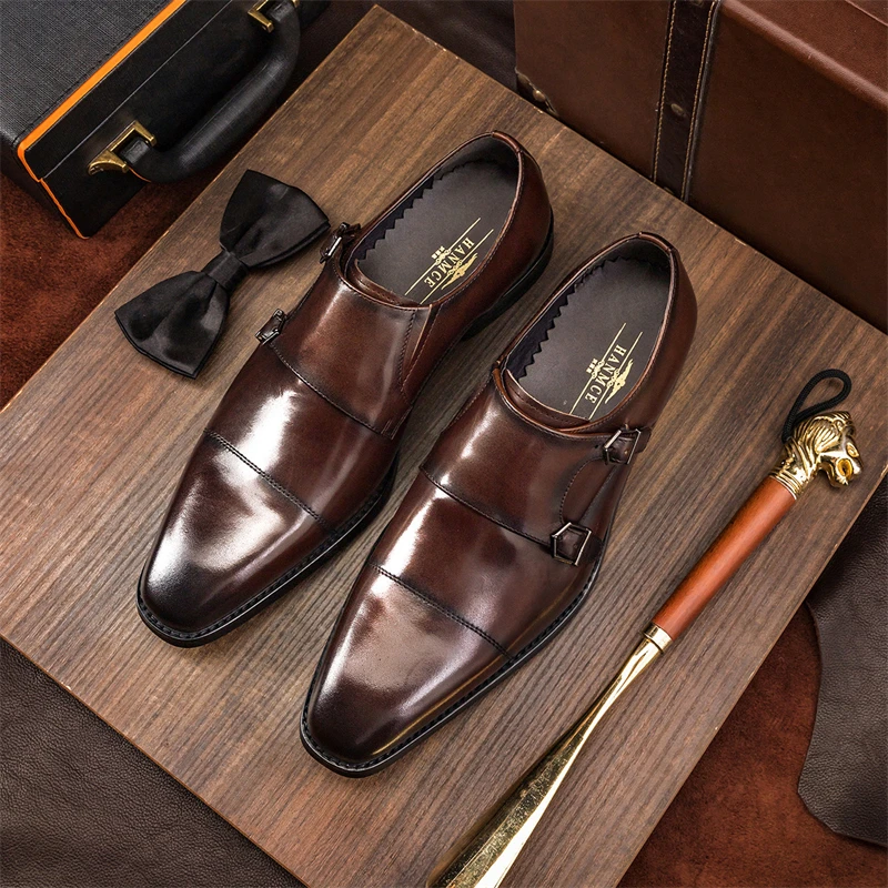 

New Fashion Business Dress Shoes Men Wedding Office Party Genuine Leather Casual Loafers Male Monk Formal Oxfords Munk Shoes