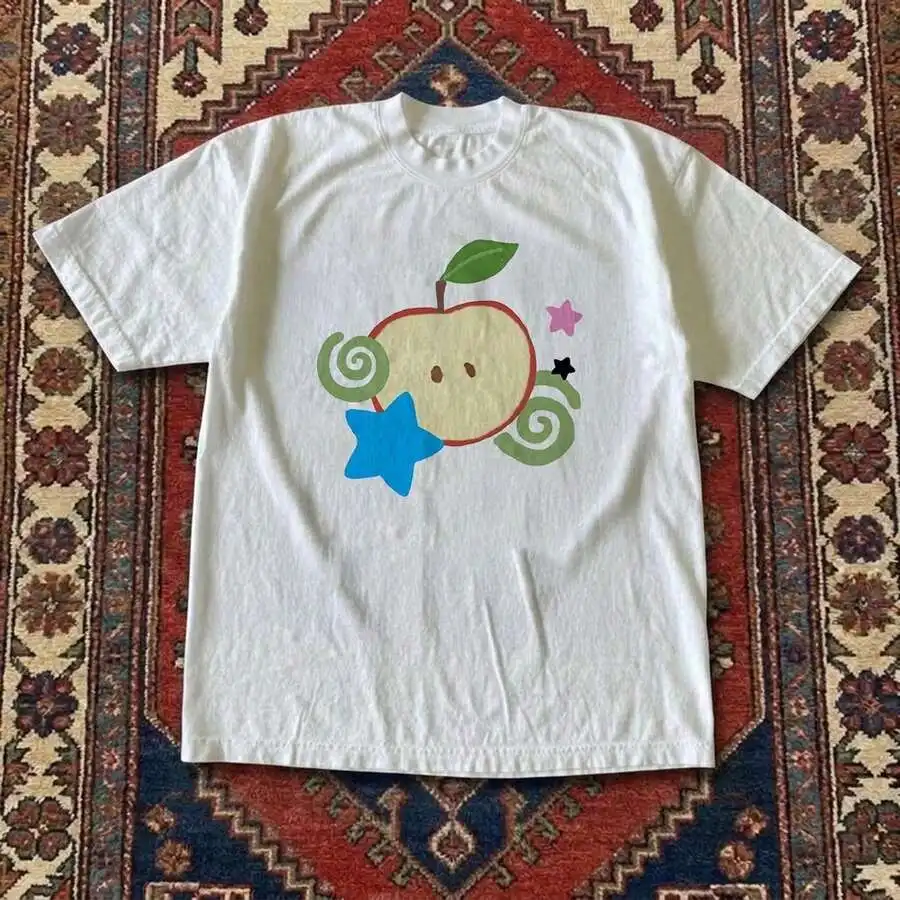 Men Casual Oversized T‑Shirt Vintage White Short Sleeve Top Kawaii Y2K Pastel Apple Slice Star Swirl Print Cottagecore Soft Girl Daily Tees
