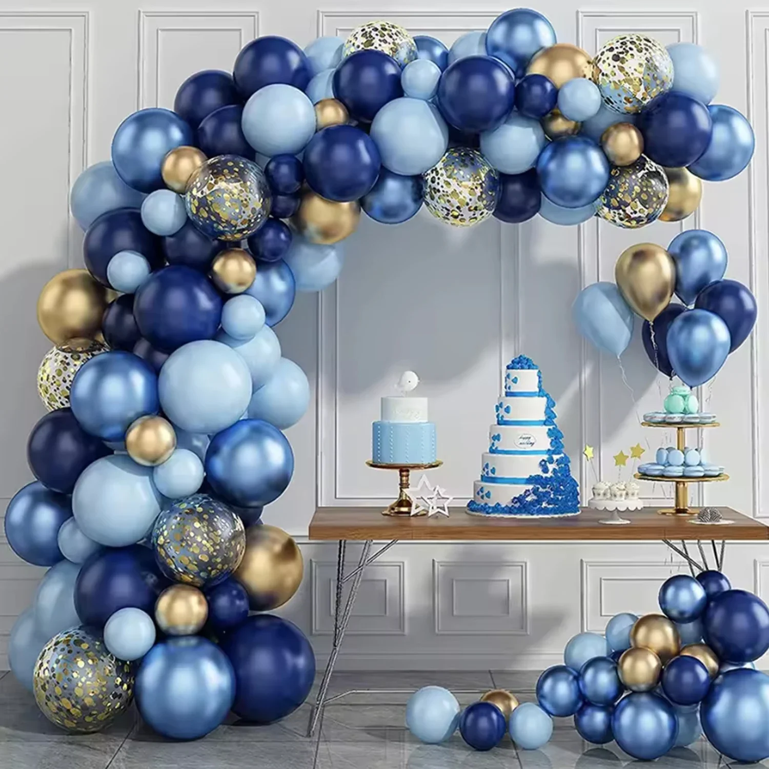 Blue White Metallic Balloons Garland Kit Gold Confetti Balloon Arch for Baby Shower Birthday Graduation Wedding Party Decoration