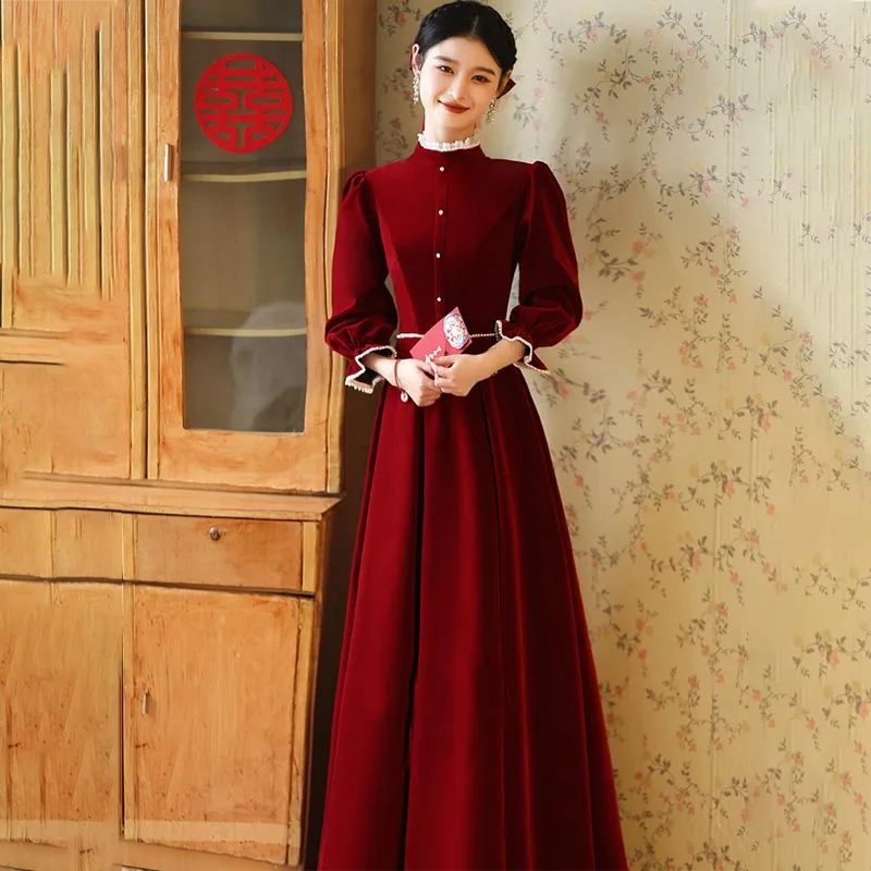 

Evening Dress High Neck Empire Full Sleeves Elegant Floor-Length Simple Burgundy A-Line Velour Woman Formal Party Gown A2389