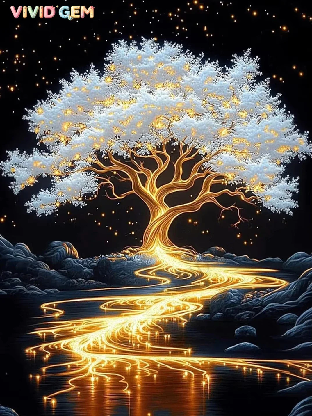 VIVID GEM 5D DIY Glowing Golden Divine Life Tree Diamond Painting, Dark Starry Mystical Landscape Wall Home Decor