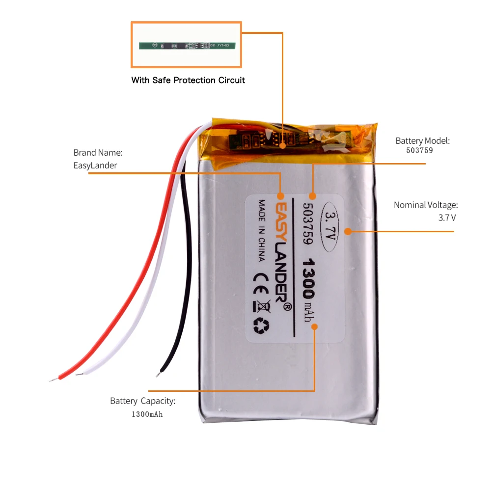 3wires 503759 3.7V 1300mAh Rechargeable li-Polymer Li-ion Battery For e Road route HD-X9 X10 E-V5 navigator NW-ZX1 LIS1530HNPPC