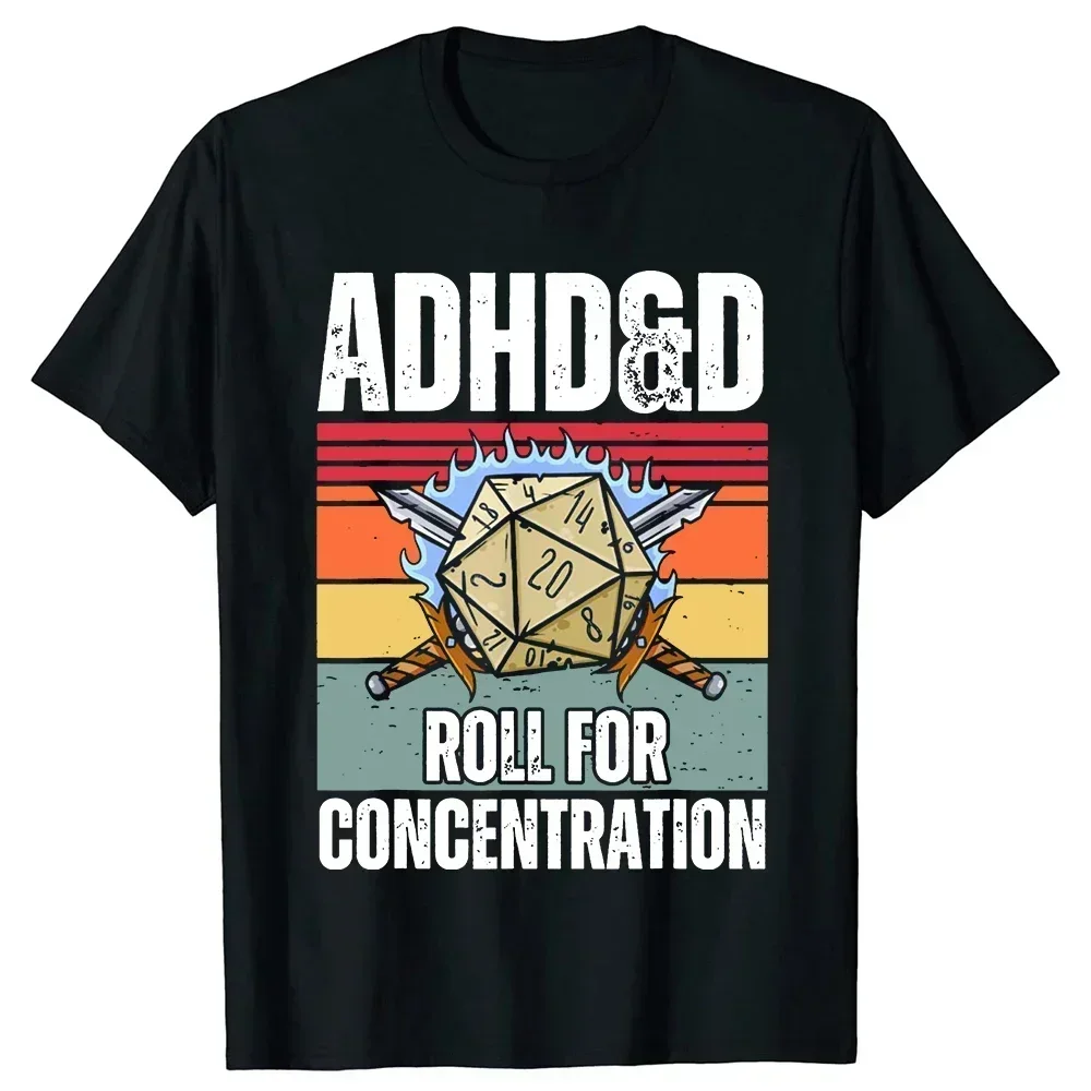 Summer Men's T-Shirt Vintage ADHD&D Roll for Concentration Funny Gamer Dnugeons DM RPG Dice Dragon T Shirts Streetwear Gifts