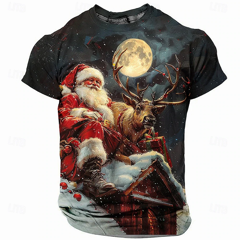 Christmas Men's T Shirt Santa Claus Elk Print Casual Short Sleeve Tee Street Fashion Crew Neck Pullover Male Oversized Clothing