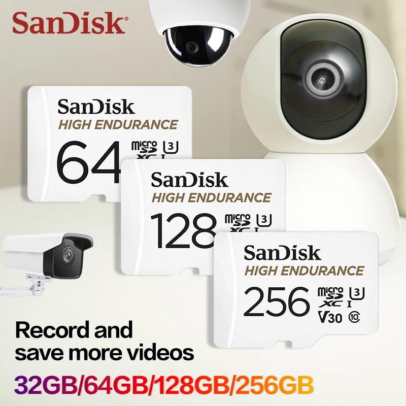 SanDisk High Endurance microSD Card 32GB 64GB 128GB 256GB UHS-I C10 U3 V30 Up to 100MB/s TF Card for Dash Cam Security Camera