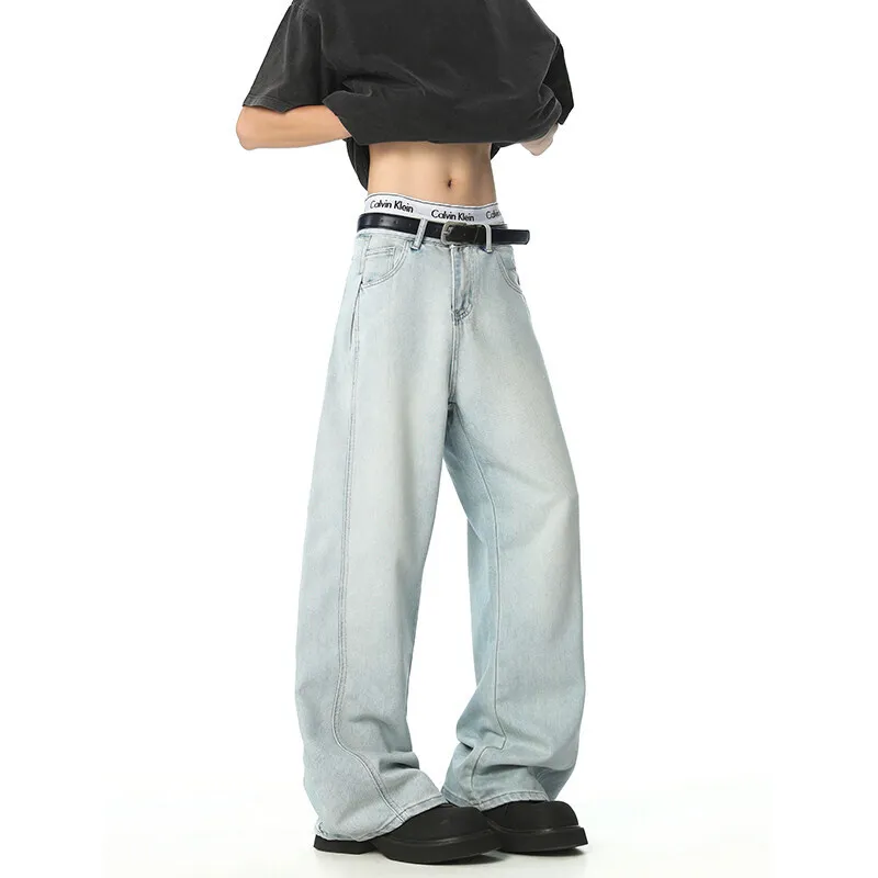 WTHT العصرية الرجال بلون المرقعة فضفاض الدنيم السراويل خمر موضة الصيف عادية عالية الخصر مستقيم الجينز الذكور 2A0321