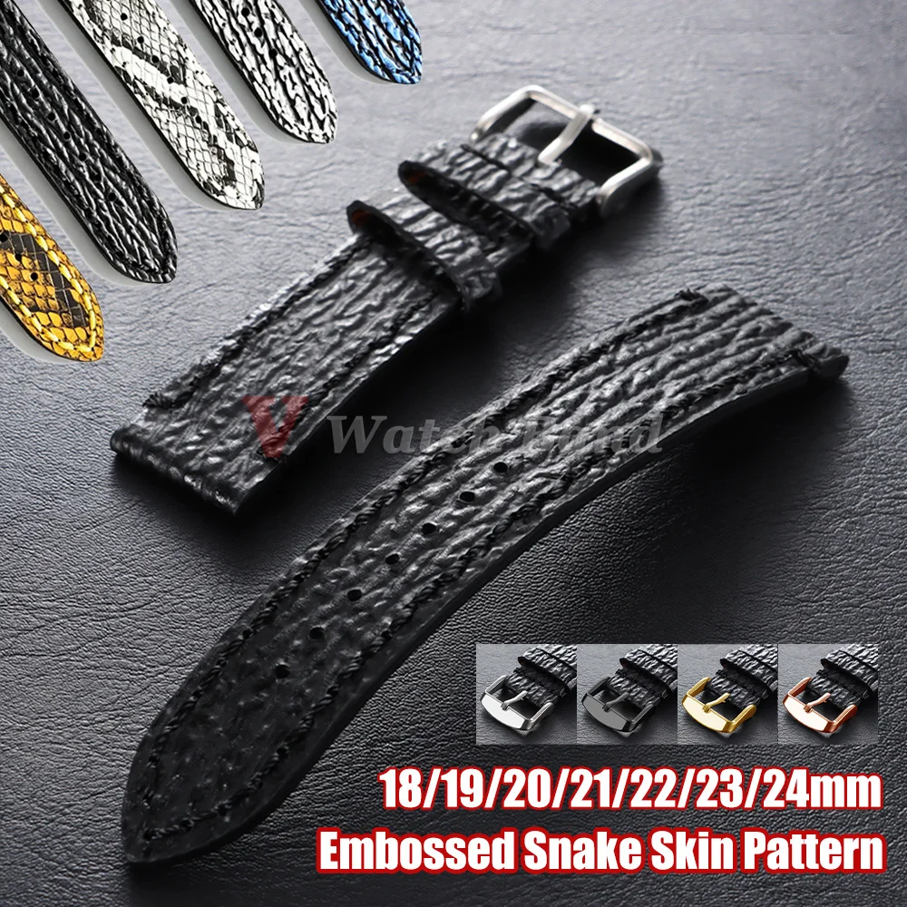 Embossed Snake Shark Skin Pattern Handmade Leather Watchband 18/19/20/21/22/23/24mm Bracelet Vintage Cowhide Men Strap Wristbelt