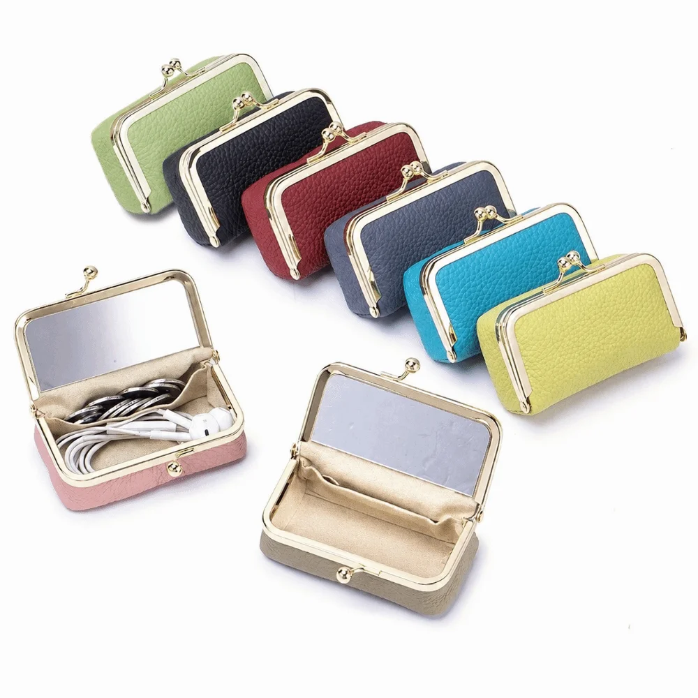 Kiss Clasp Mini Money Bag Leather With Makeup Mirror Jewelry Storage Box Solid Color Multifunctional Lipstick Bag For Women
