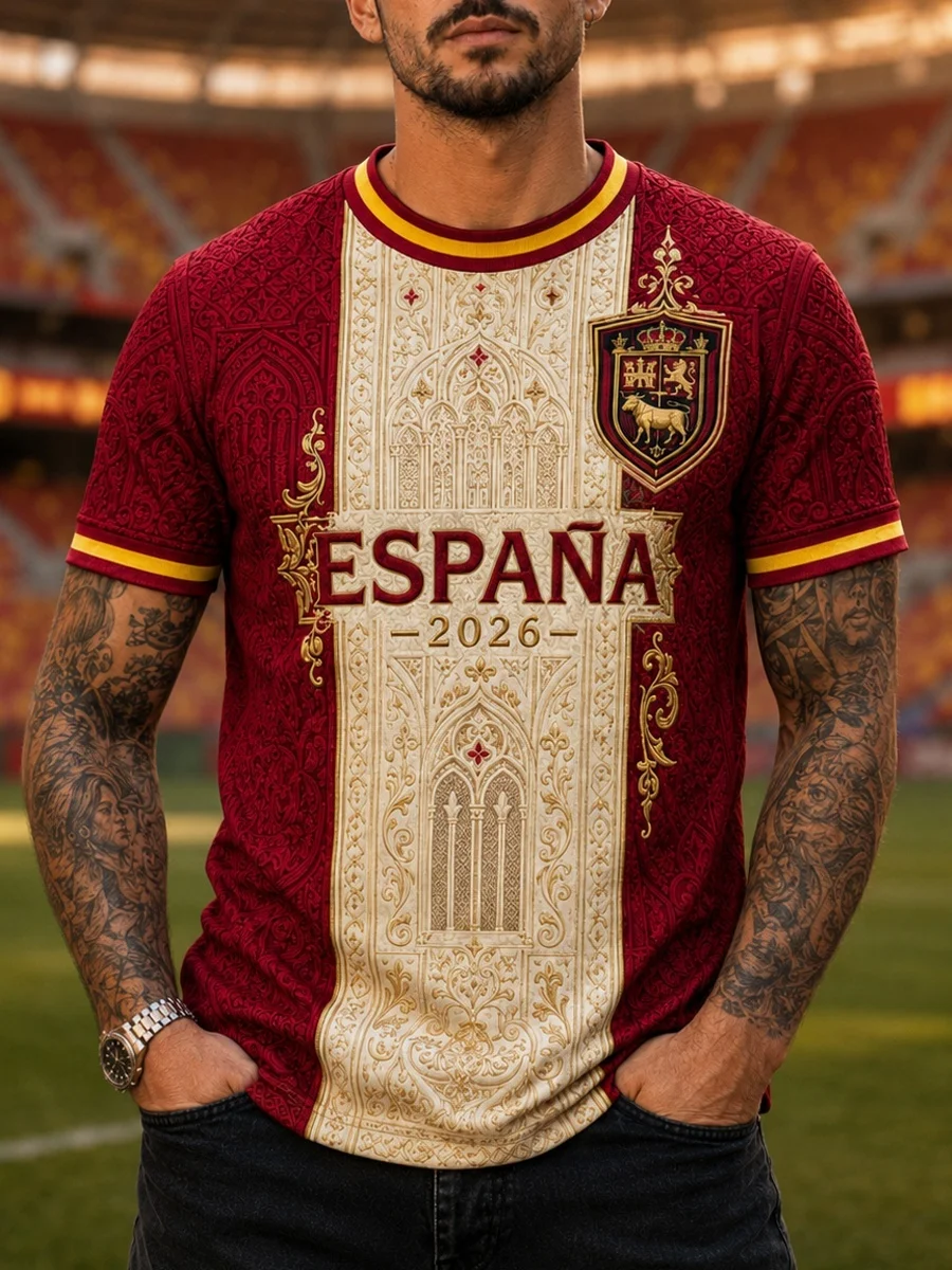 Spain  Fans Football Jersey White 3D  Classic Style Fashion Light and Thin Quick Drying Sports Casual Men's Family Kids Tees