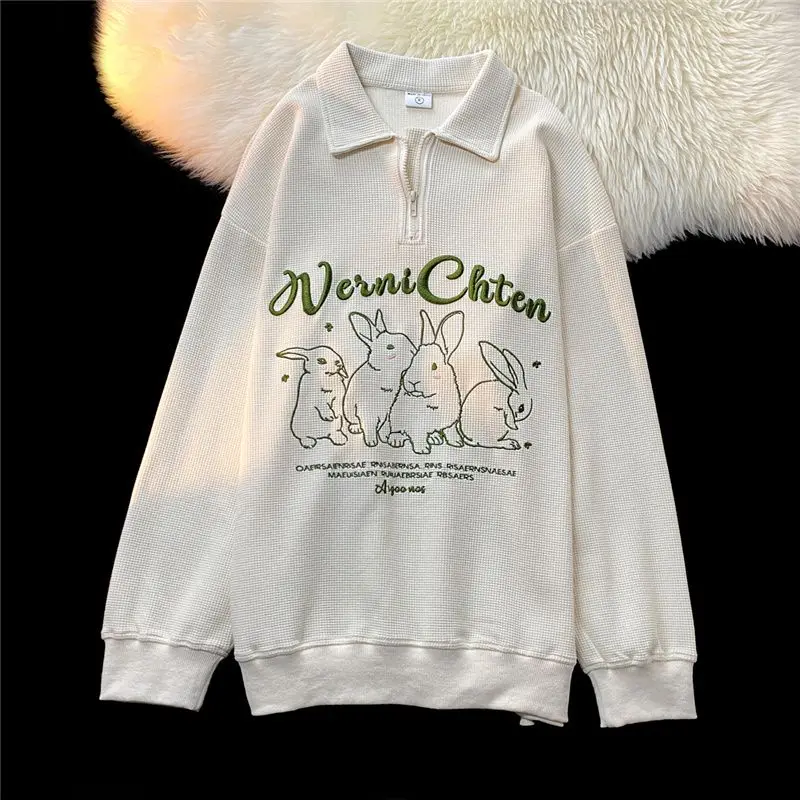 2022 Y2k Gothic Clothes Milk Rabbit Embroidered POLO Neck Sweatshirt Women New Autumn Winter Korean Harajuku Loose All-match Top