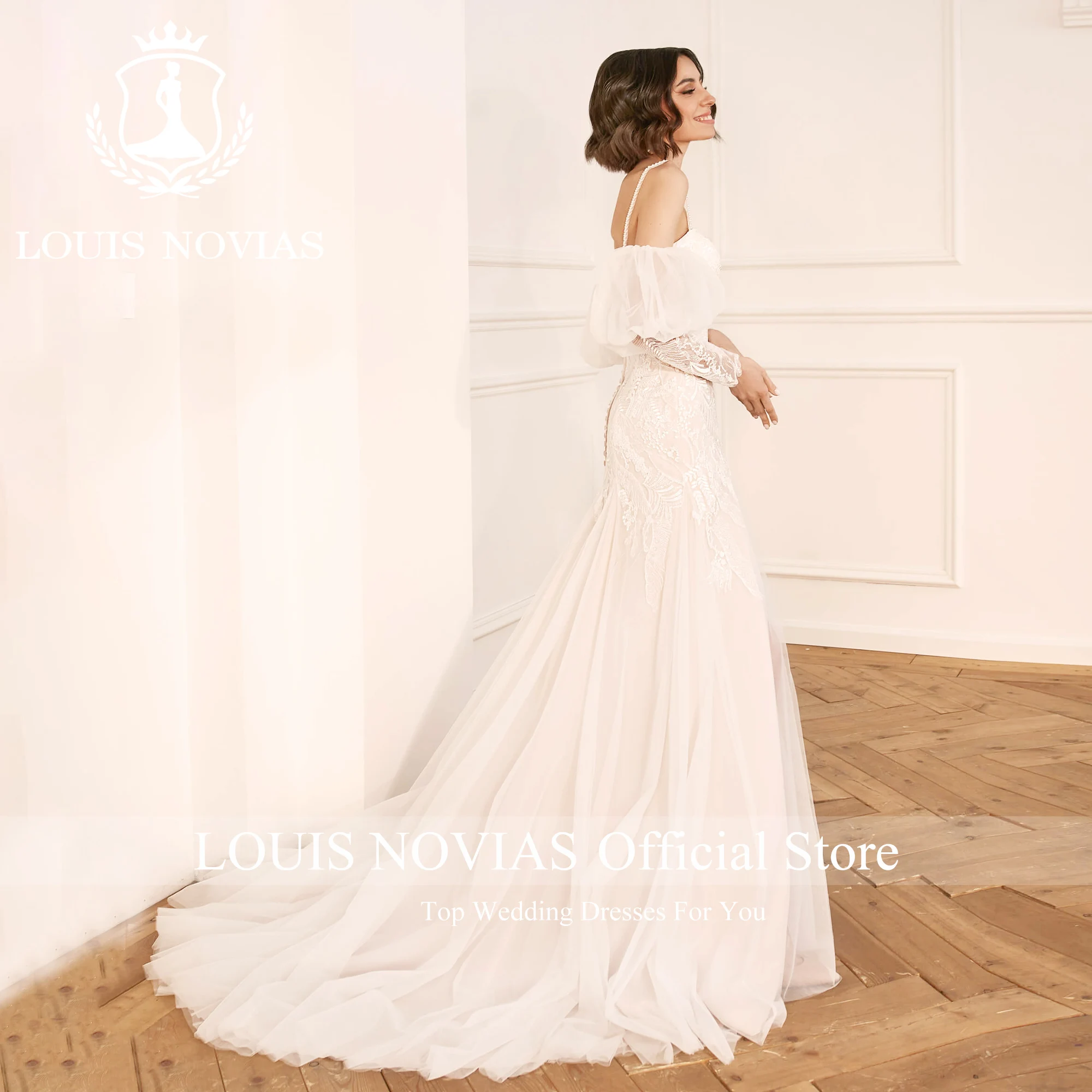 LOUIS NOVIAS Mermaid Wedding Dresses For Women 2023 Sweetheart Spaghetti Straps lantern Sleeve Wedding Gown Vestidos De Novia