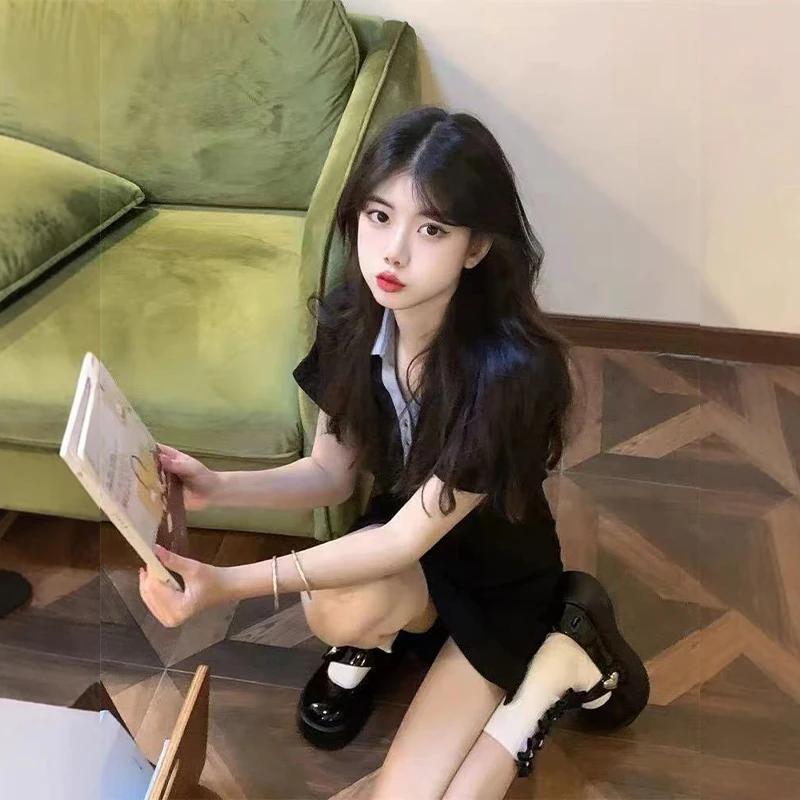 Summer New Contrast Color French Lapel Dress Female A-line Slit Skirt Fashionable Women's Short Skirt