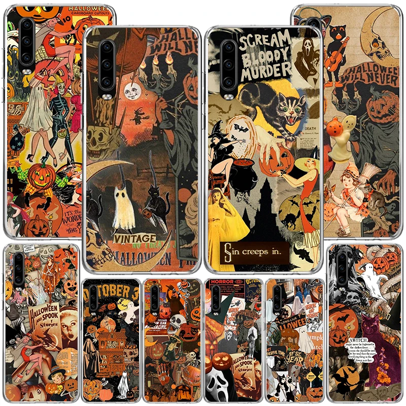 Halloween Fall Art Witch Cat Phone Case For Huawei P40 P30 P20 P10 Lite Mate 20 10 Pro P Smart Z Y5 Y6 Y7 Y9 Personalized Print