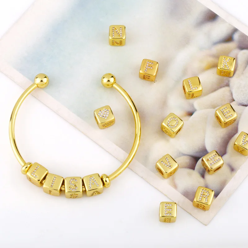 Juya 18K Real Gold Plated Copper Cube Charms Alphabet Initial Letter Beads For Handmade Women\'s Name Bangle & Bracelets Making