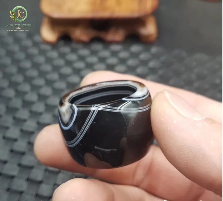 Natural Black Whit Agate For Men Women Texture Handmade Brand Jadeite Jade Rings Jewelry